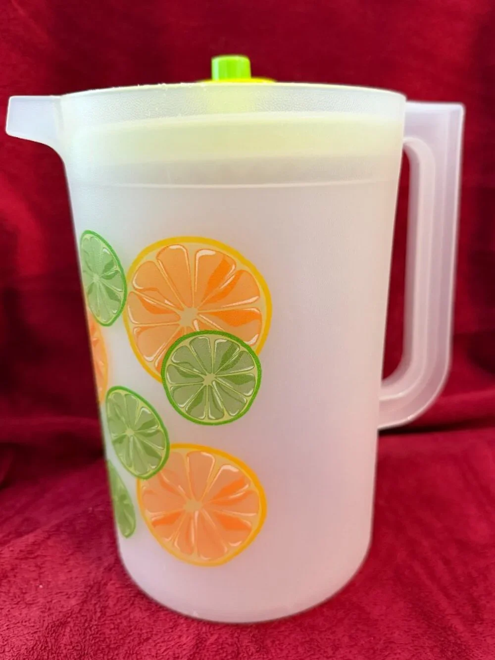 Vintage Tupperware Pitcher 2 Qt Push Button Lid Sheer Oranges Limes Fruit